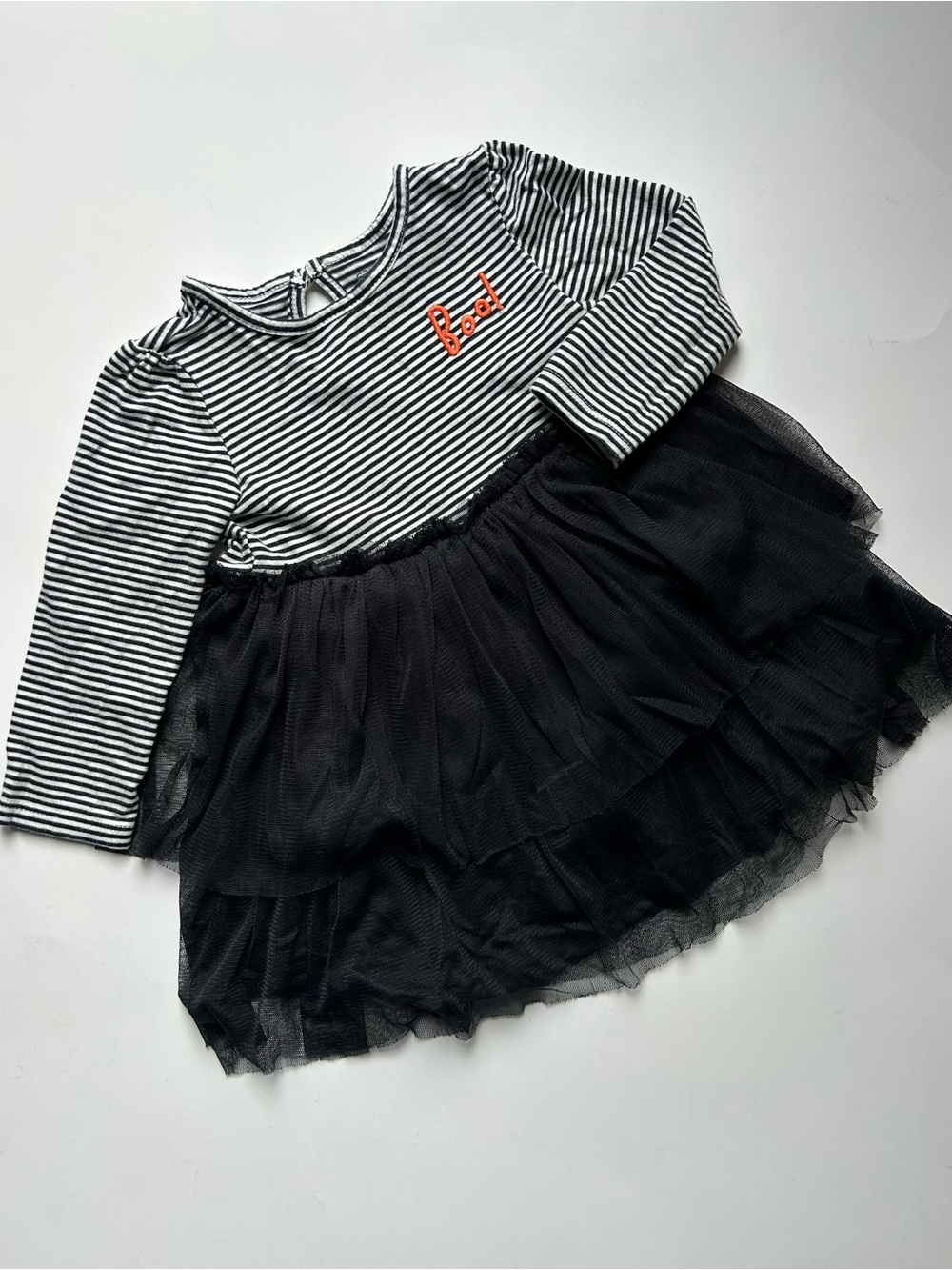 Girls Black Striped Tutu Dress - “Boo”embroidery